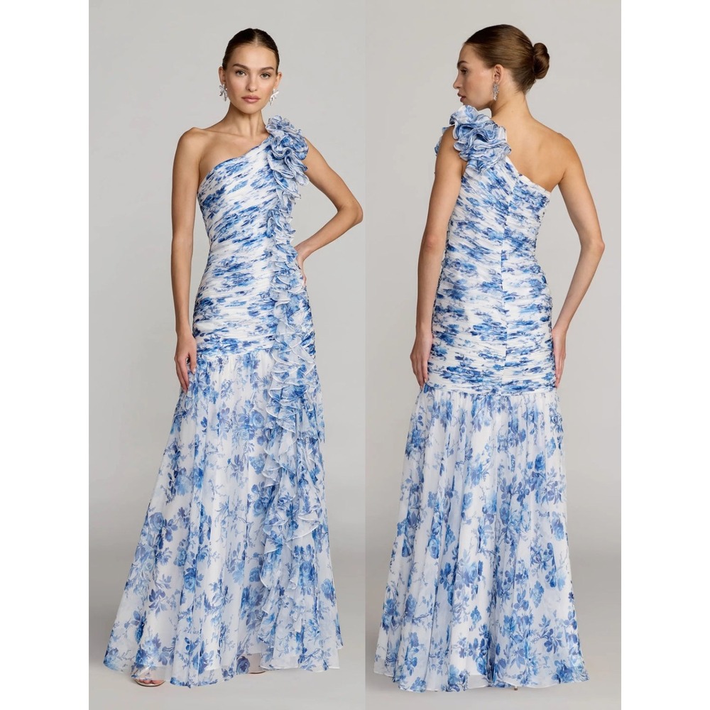 Mac Duggal Blue Ruched Floral Chiffon Gown With 3D Ruffles $598 - Size 4